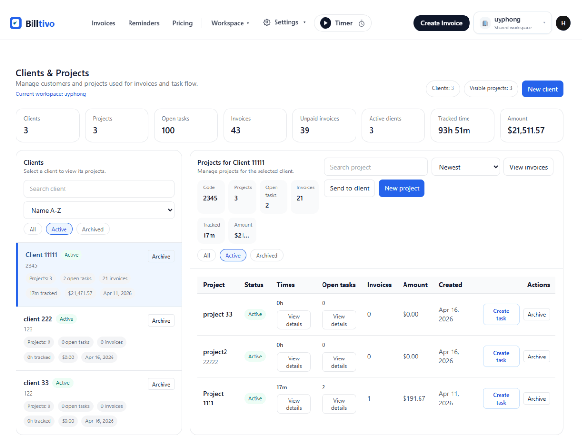 Organize clients, projects, and billable work