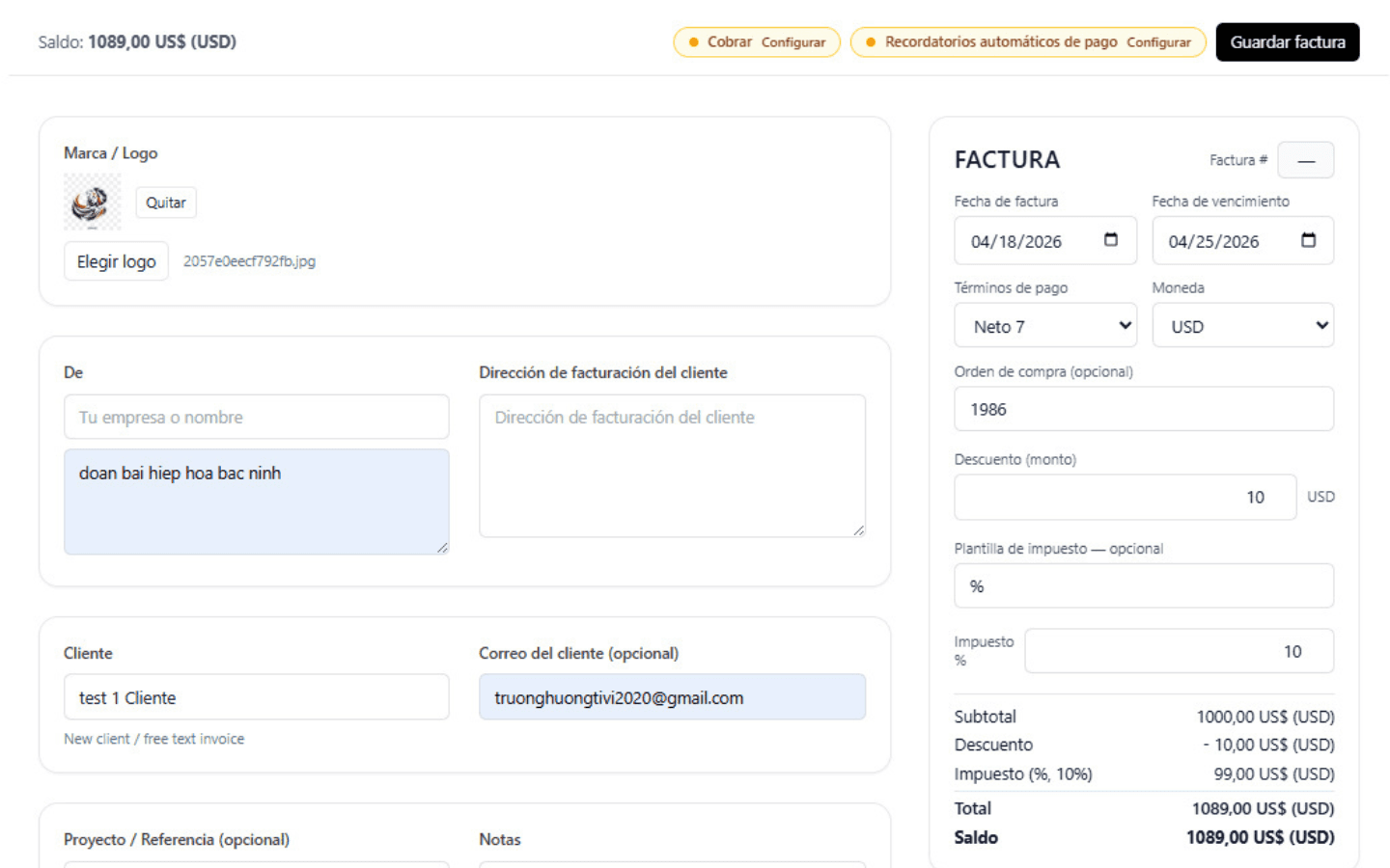 Editor de facturas de Billtivo