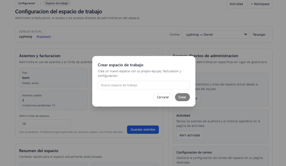 Gestionar ajustes del espacio de trabajo, plazas y facturación
