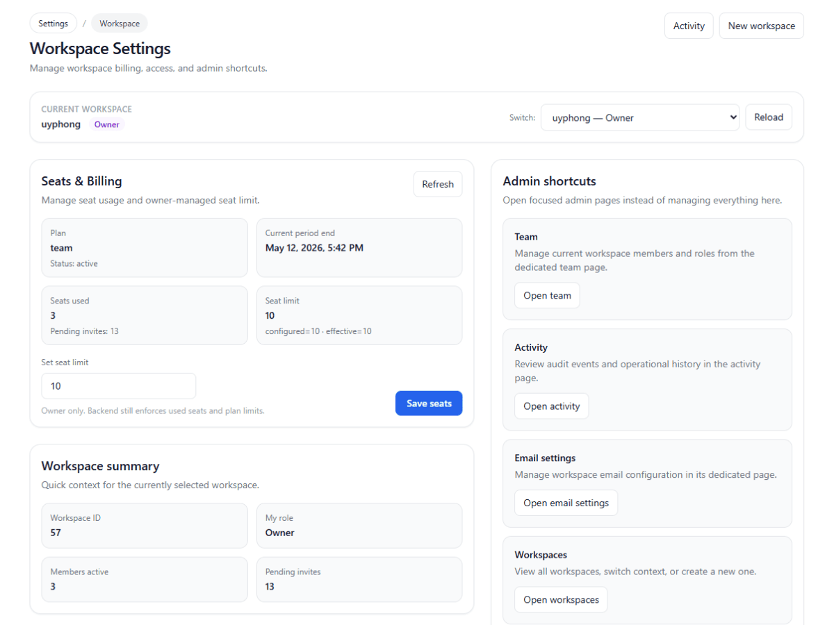 Manage workspace settings, seats, and billing